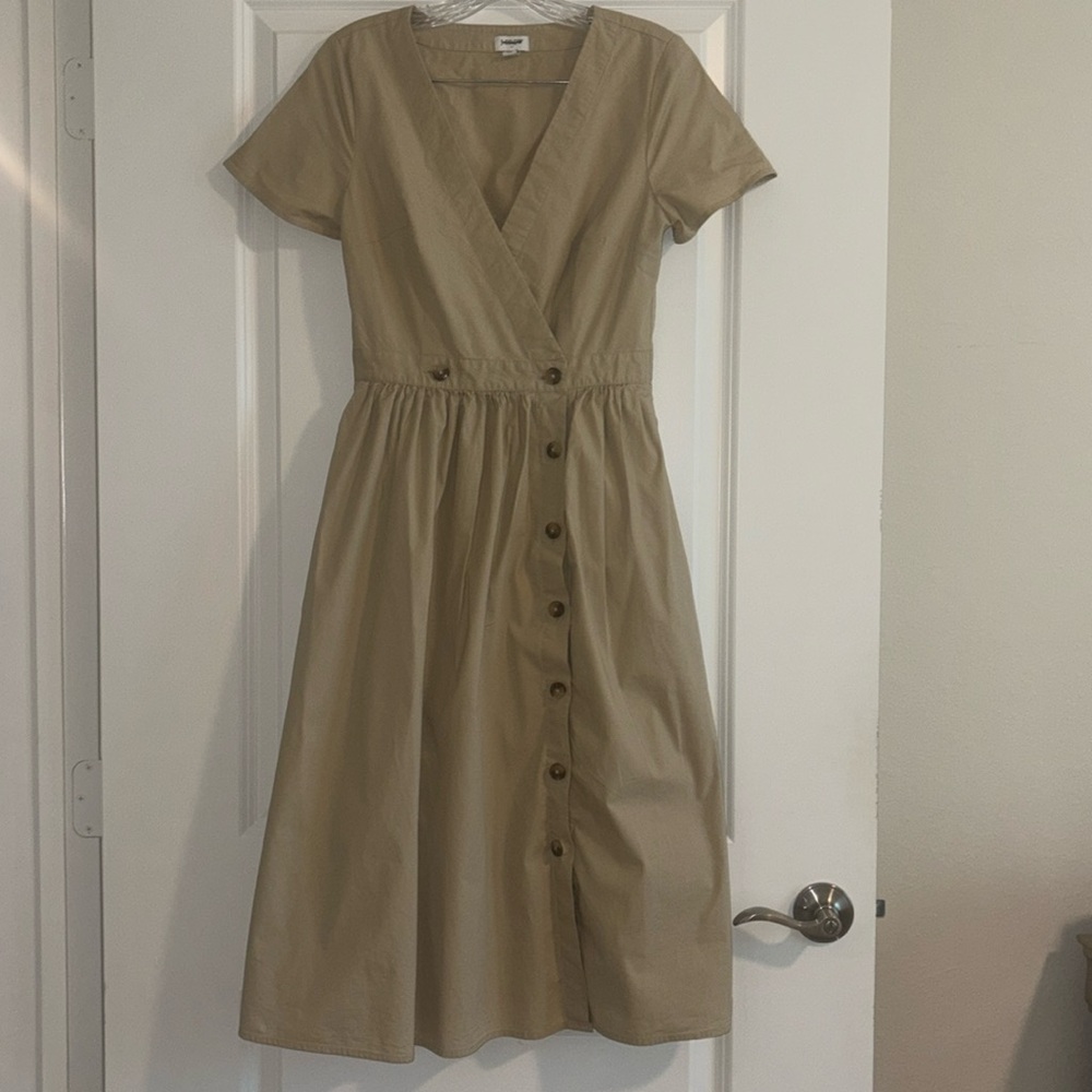 J.Crew Women Size 2 Short Sleeve Wrap Midi Dress Tan Cotton w/Buttons & Pockets